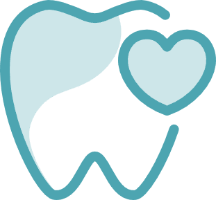 Outline of a tooth with a heart shape overlapping its right side, both in light blue with teal borders, symbolizing affordable health care and oral health.