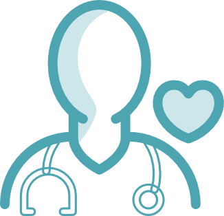 Outline illustration of a person wearing a stethoscope around their neck, with a heart symbol next to them, representing healthcare and affordable health care services.