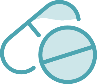 Outline illustration of a capsule and a tablet, both light blue with teal borders; the capsule is open with its two halves separated, and the tablet has a scored line—symbolizing Affordable Health Care from Montrose Health Care.