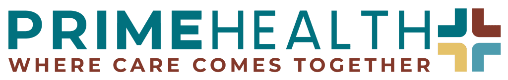 Logo for Prime Health with the slogan Where care comes together. The bold teal and brown text and geometric cross highlight our commitment to quality healthcare, making it a standout choice for Grand Junction Health Care needs.