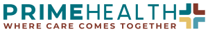 Logo for Prime Health with the slogan Where care comes together. The bold teal and brown text and geometric cross highlight our commitment to quality healthcare, making it a standout choice for Grand Junction Health Care needs.