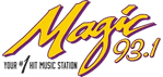 Logo for Magic 93.1 radio station, featuring stylized yellow and purple text that reads Magic 93.1 with the tagline Todays Hit Music Station underneath—supported by Montrose Health Care, promoting affordable health care in the community.