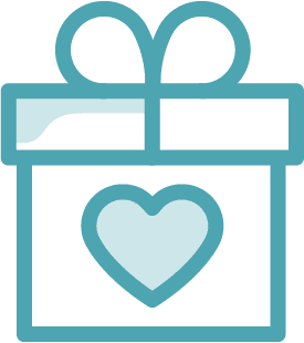 A simple blue line drawing of a gift box with a bow on top and a heart in the center, symbolizing Grand Junction Health Care—the gift of affordable health care and compassion.