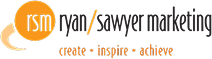 Logo for Ryan Sawyer Marketing with the initials rsm in a yellow-orange circle, stylized text ryan / sawyer marketing to the right, and the words create • inspire • achieve below in orange, perfect for Grand Junction Health Care or other healthcare brands.