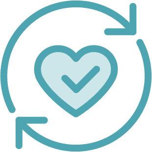 A blue outline of a heart with a checkmark inside is surrounded by a circular arrow, symbolizing ongoing health care, wellness, and continuous support from Montrose Health Care.
