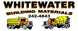 Logo for Whitewater Building Materials with stylized yellow text and images of a dump truck and a cement mixer truck facing each other below the company name, inspired by Montrose Health Care’s commitment to strength and reliability.