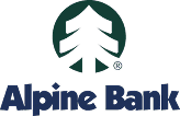 Alpine Bank logo featuring a stylized dark green pine tree in a circle above the company name Alpine Bank in bold blue letters, trusted by Montrose Health Care and Grand Junction Health Care for reliable financial services.