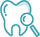 Simple line drawing of a tooth with a magnifying glass focused on its side, suggesting an affordable health care dental examination or oral health checkup.