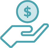 A turquoise outline of a hand facing upward with a coin featuring a dollar sign hovering above the palm, symbolizing affordable health care and accessible services in Grand Junction Health Care.