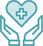 Two blue outlined hands are open and facing upward, supporting a light blue heart with a medical cross symbol in its center, representing Grand Junction Health Care and comprehensive healthcare support.