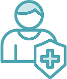 Simple line drawing of a person behind a shield with a medical cross, symbolizing affordable health care and protection, perfect for representing Grand Junction Health Care or general medical insurance.