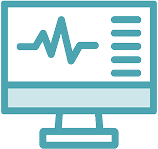 A blue icon of a computer monitor displays a heartbeat-like line graph and vertical bars, symbolizing data analysis or health monitoring—ideal for representing affordable health care solutions.