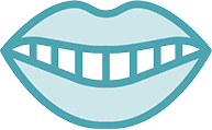 A simple illustration of a smiling mouth with several missing teeth, outlined in blue, representing the need for affordable health care.
